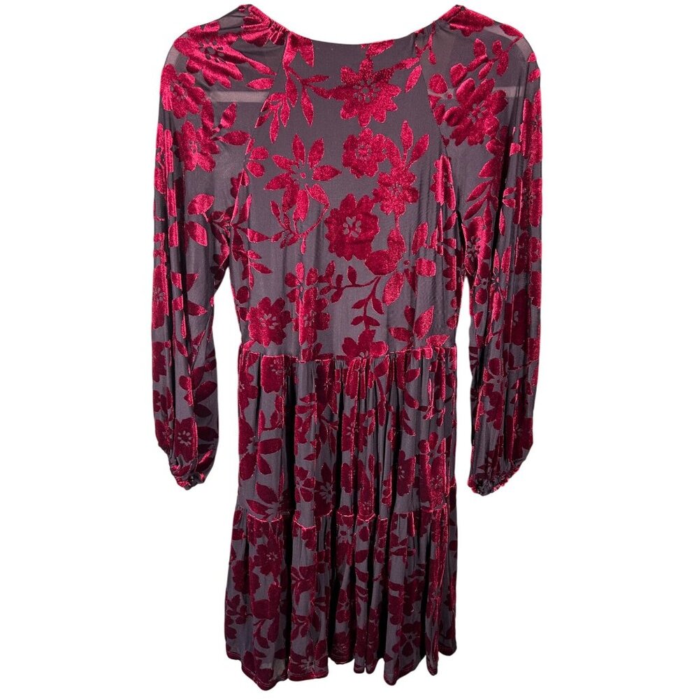 Taylor Sz 4 Floral Burnout Velvet Dress Tiered Black & Burgundy Oversized Goth - Picture 3 of 12